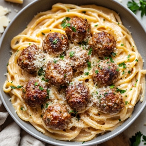 Creamy Garlic Parmesan Pasta with Juicy Meatballs
