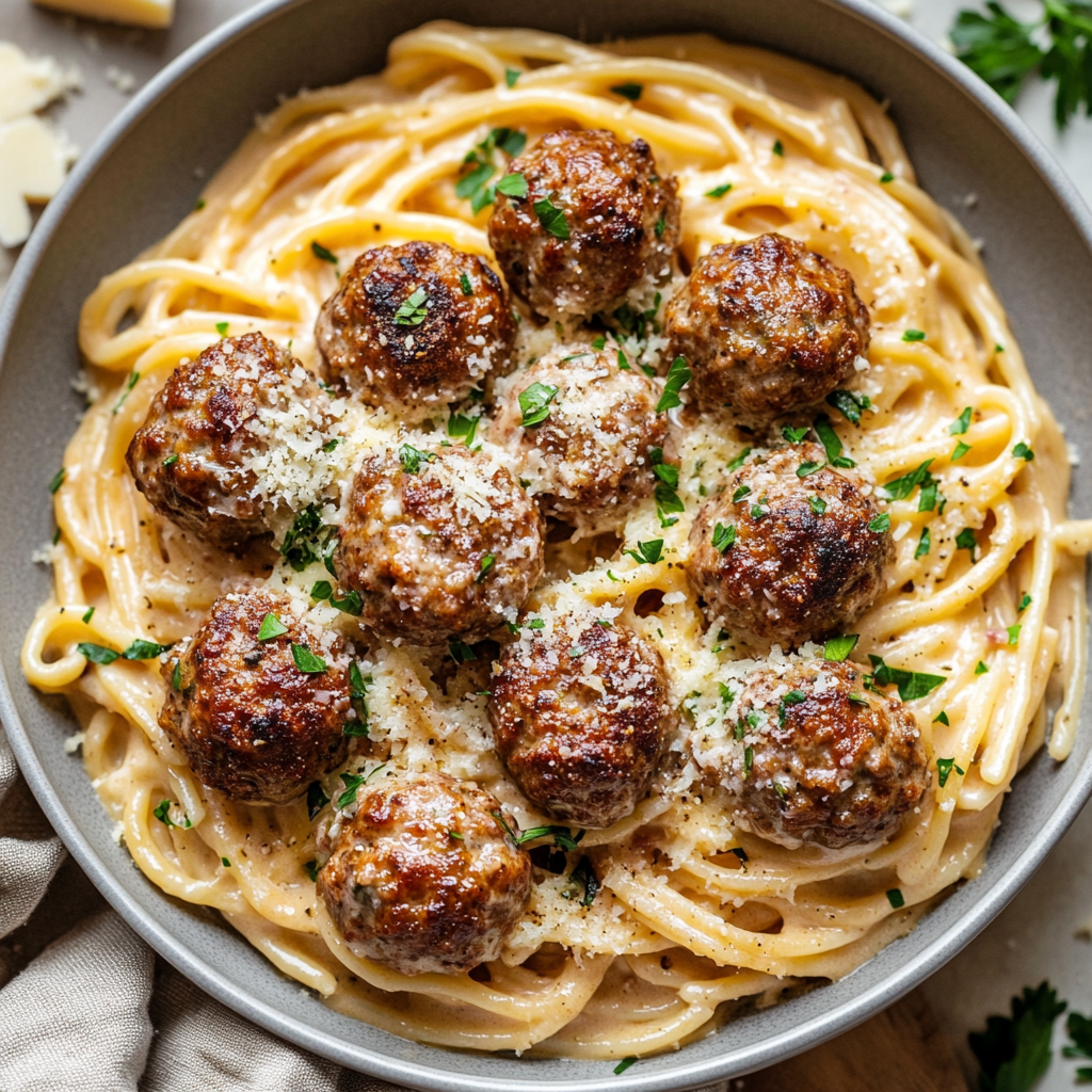 Creamy Garlic Parmesan Pasta with Juicy Meatballs
