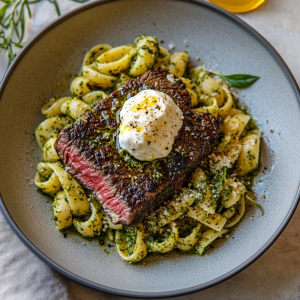 Grass-Fed Ribeye with Pesto Pasta