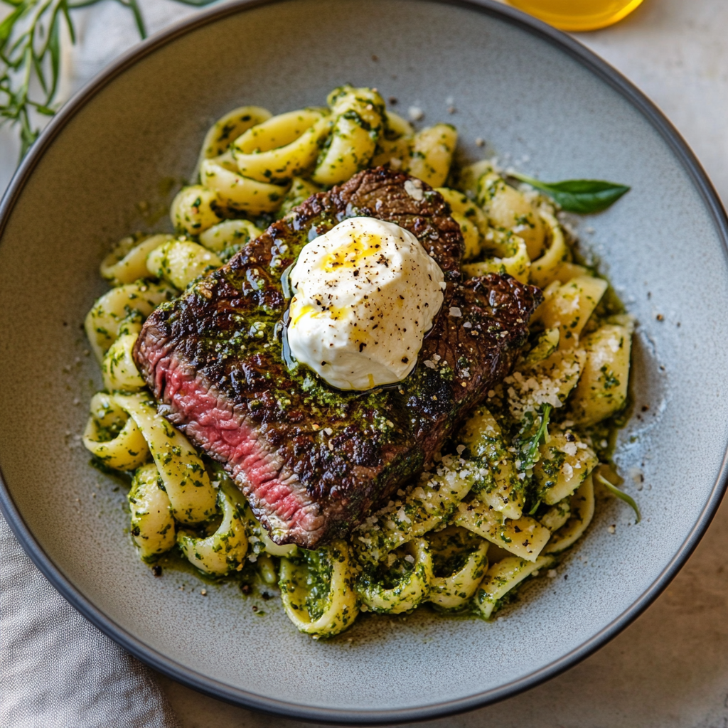 Grass-Fed Ribeye with Pesto Pasta