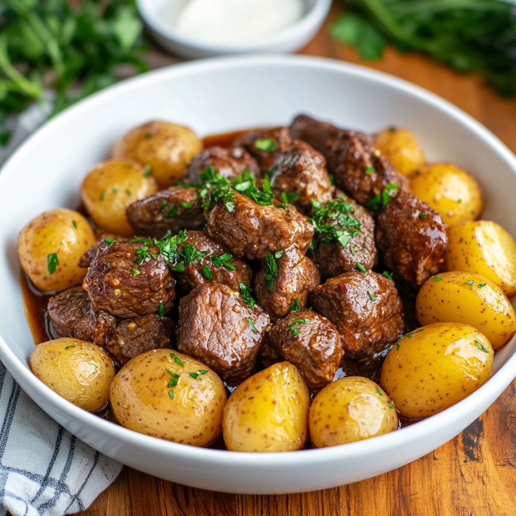 Slow Cooker Garlic Butter Beef Bites & Potatoes