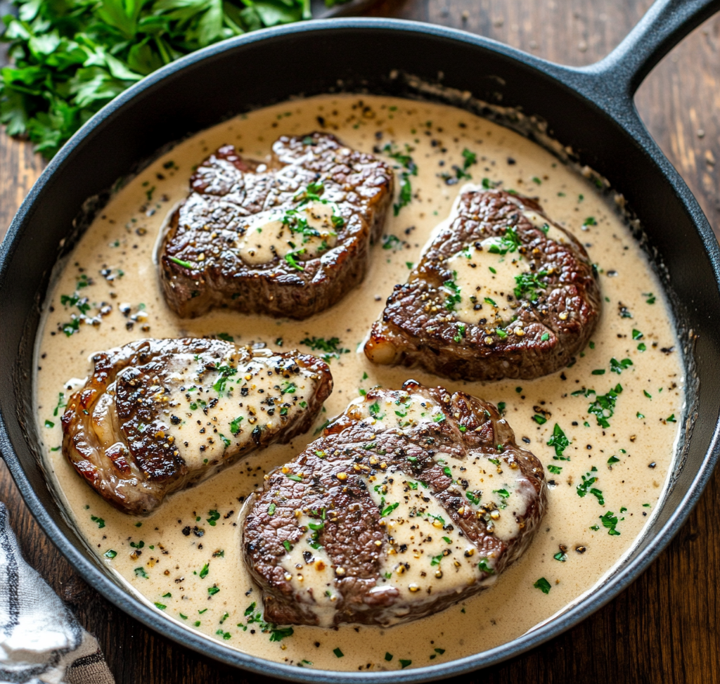 Smothered Boneless Beef Steaks in Creamy Garlic Sauce