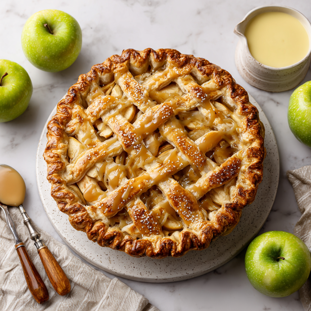 Toffee Apple Pie with Vanilla Custard Sauce