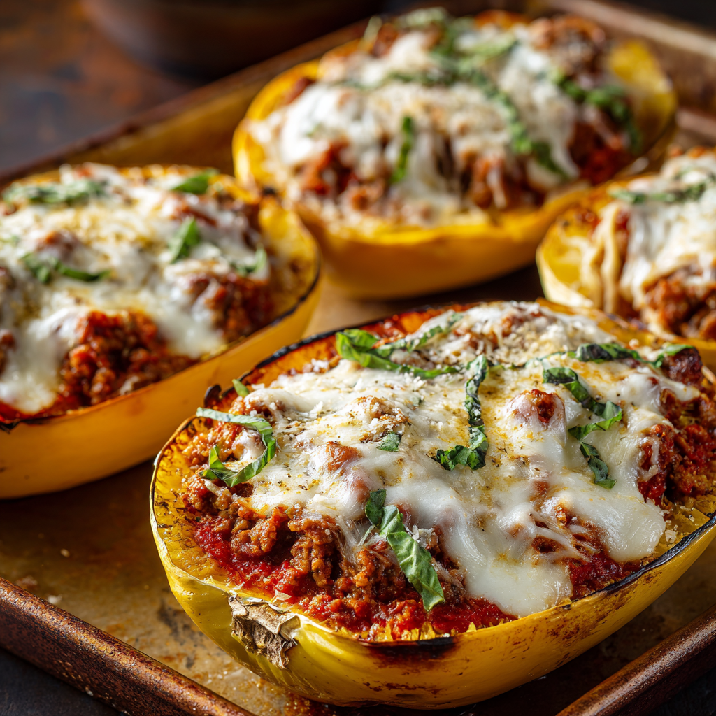 Roasted Garlic Spaghetti Squash Lasagna Boats