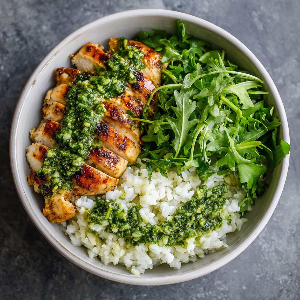 Pesto Chicken & Cilantro Lime Rice Bowl