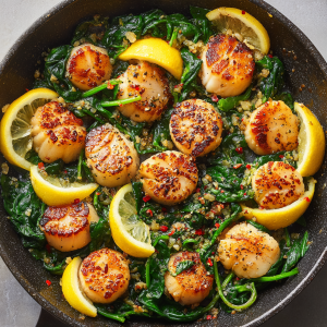 30-Minute Seared Scallops with Spinach