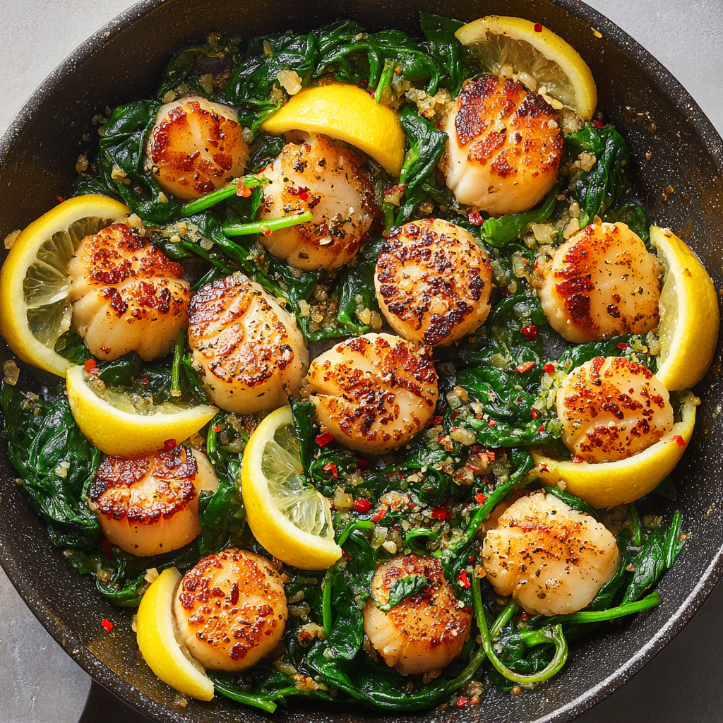 30-Minute Seared Scallops with Spinach