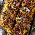 Pumpkin Alfredo Flatbread with Caramelized Onions & Prosciutto
