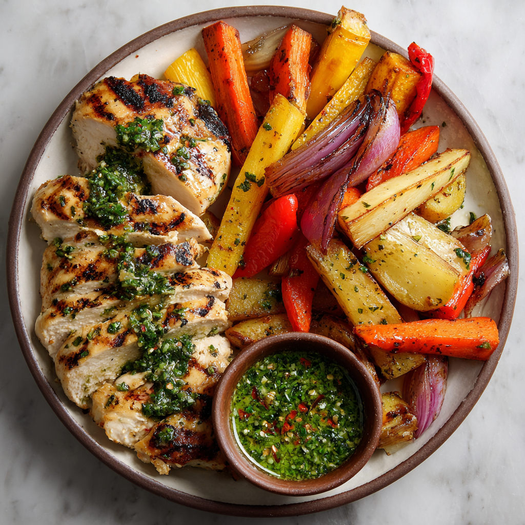 Chimichurri Grilled Chicken with Roasted Veggie Medley