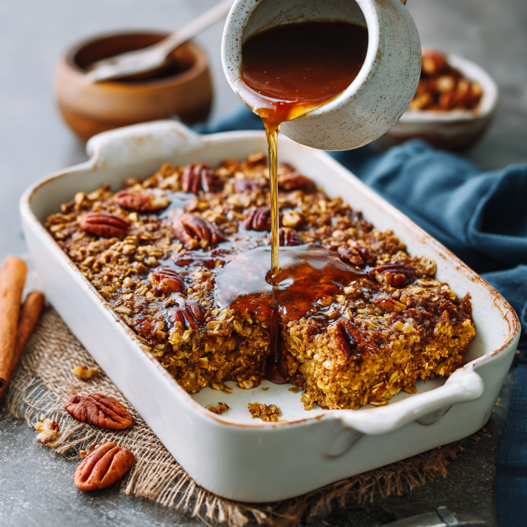 Baked Oatmeal with Pumpkin, Pecans & Maple Drizzle