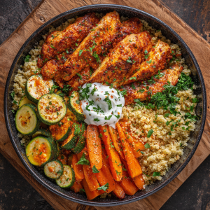 Harissa Chicken with Roasted Veggie Couscous