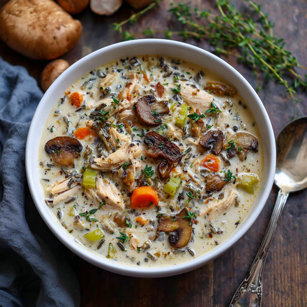 Creamy Wild Rice Chicken Soup with Roasted Mushrooms