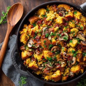 Savory Cornbread Stuffing with Bacon & Mushrooms
