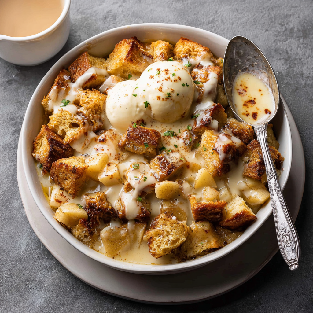 Apple Cinnamon Bread Pudding with Vanilla Bean Sauce