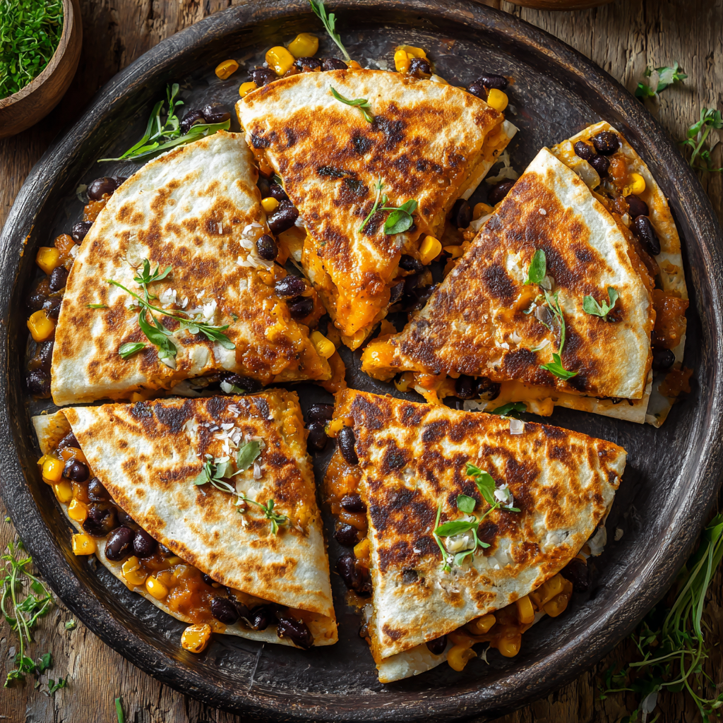 Harvest Veggie Quesadillas with Pumpkin Black Bean Spread