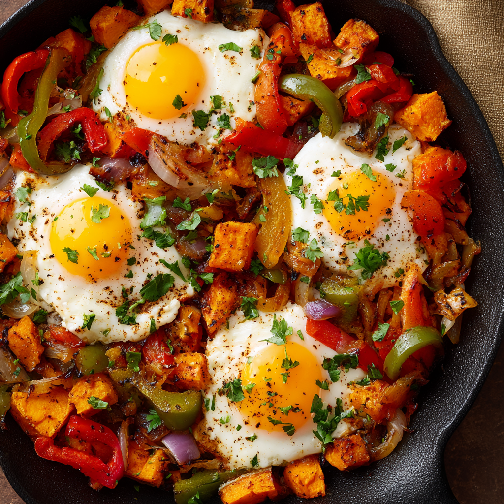 Sweet Potato Hash with Eggs and Peppers
