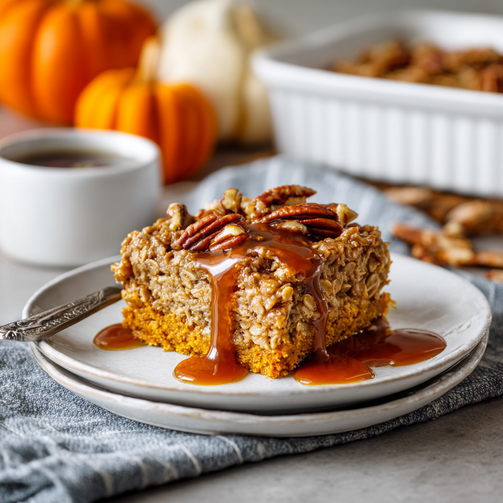 Baked Oatmeal with Pumpkin, Pecans & Maple Drizzle