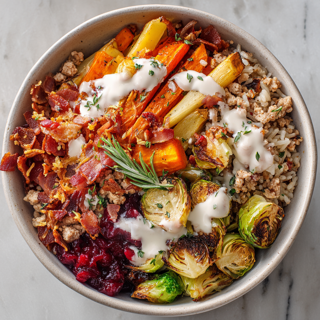 Bacon & Roasted Veggie Turkey Bowls with Cranberry Drizzle
