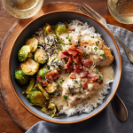 Creamy Sage Chicken & Rice with Roasted Brussels