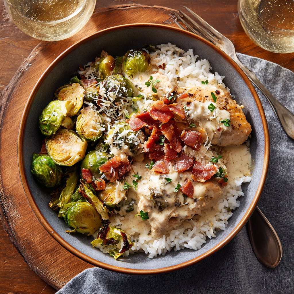 Creamy Sage Chicken & Rice with Roasted Brussels