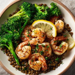 Garlic Butter Shrimp with Lentils