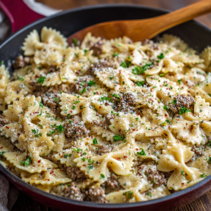 Creamy Parmesan Garlic Beef Bowtie Pasta