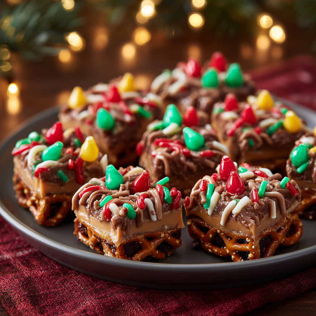 Christmas Lights Pretzel Fudge Bars