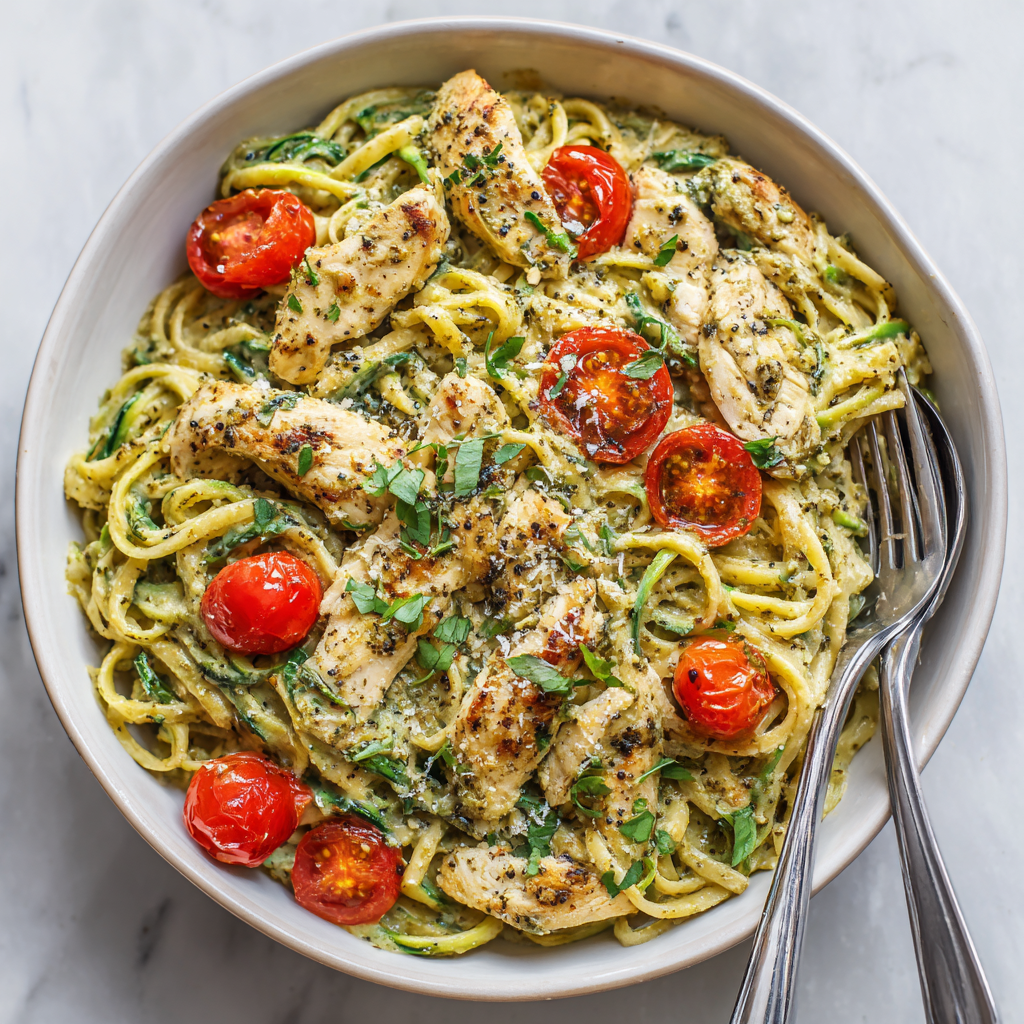 Creamy Pesto Chicken Pasta (Lightened)