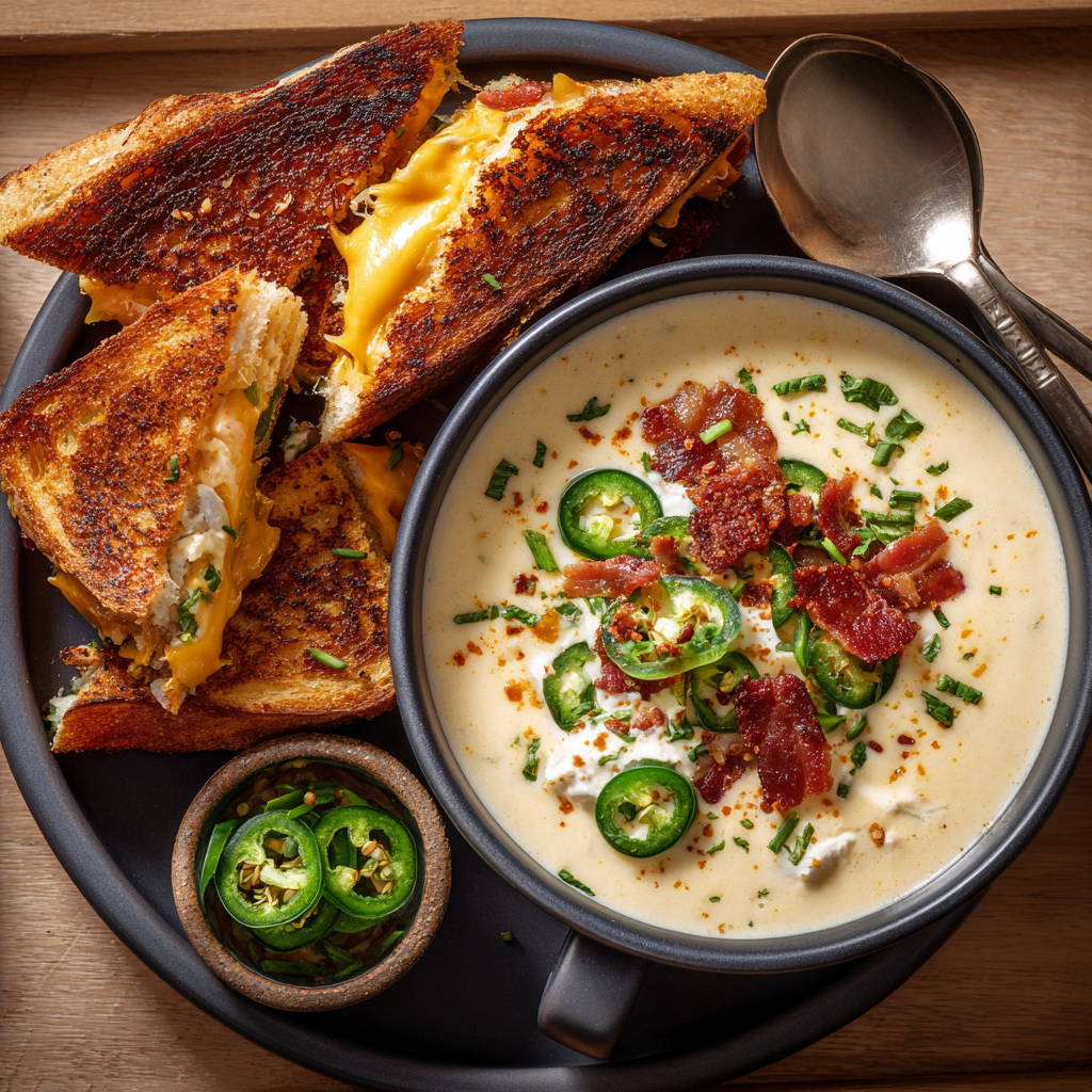 Spicy Jalapeño Popper Soup with Grilled Cheese Dippers