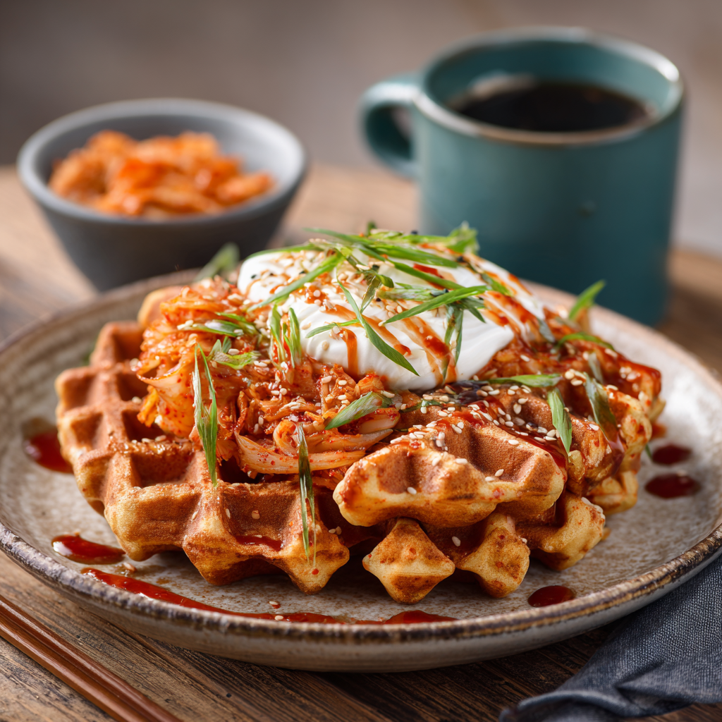 Korean-Style Kimchi Waffles with Sesame Aioli : Crispy, Tangy, Bold Brunch Goals