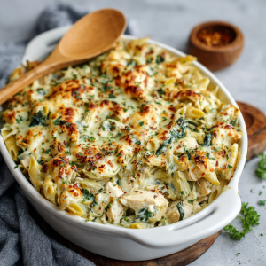 Creamy Spinach Artichoke Chicken Pasta Bake : Cheesy, Cozy & Packed with Flavor