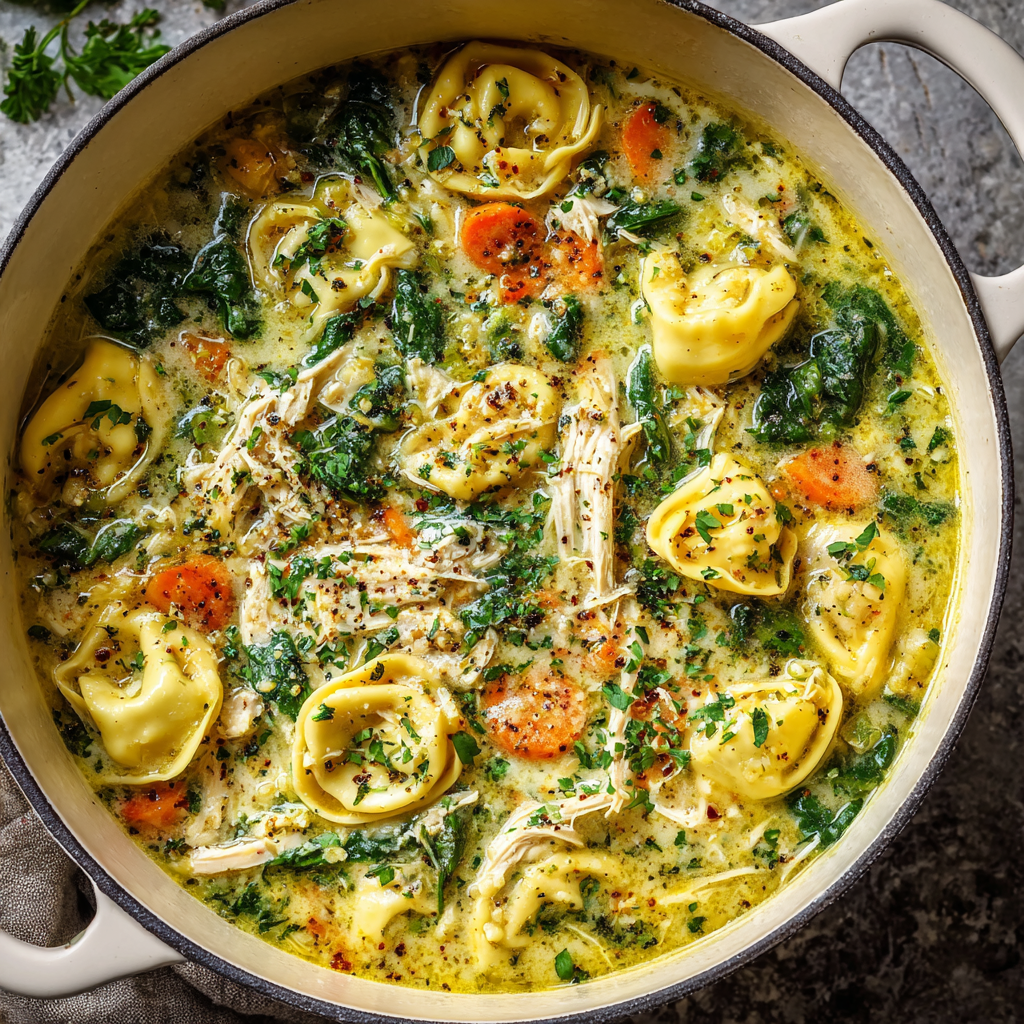 Creamy Chicken Tortellini Soup with Spinach & Herbs