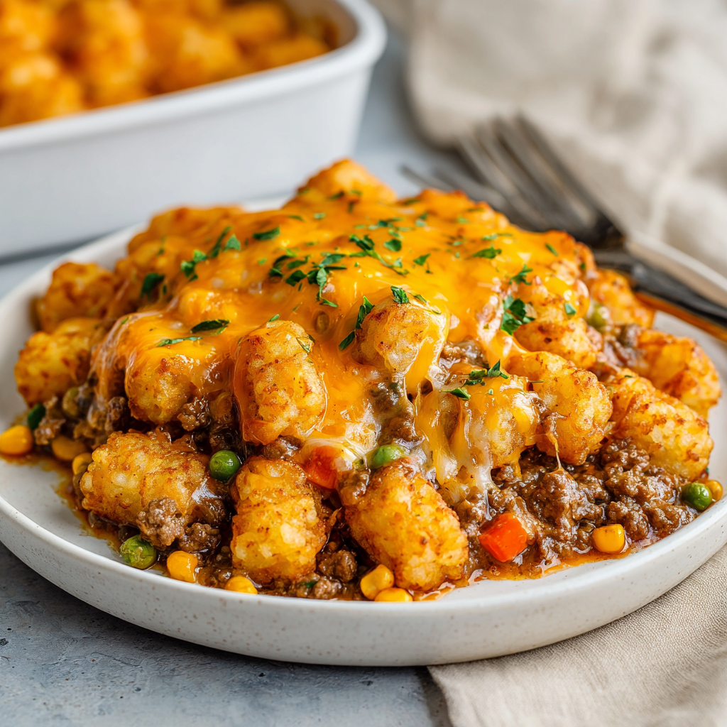 Cheesy Tater Tot Casserole with Ground Beef & Veggies