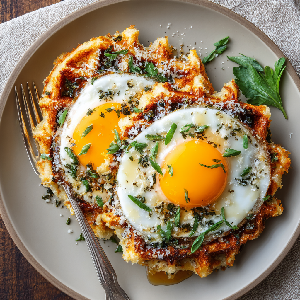 Savory Herbed Parmesan Waffles with Fried Egg & Hot Honey : Brunch with Bite
