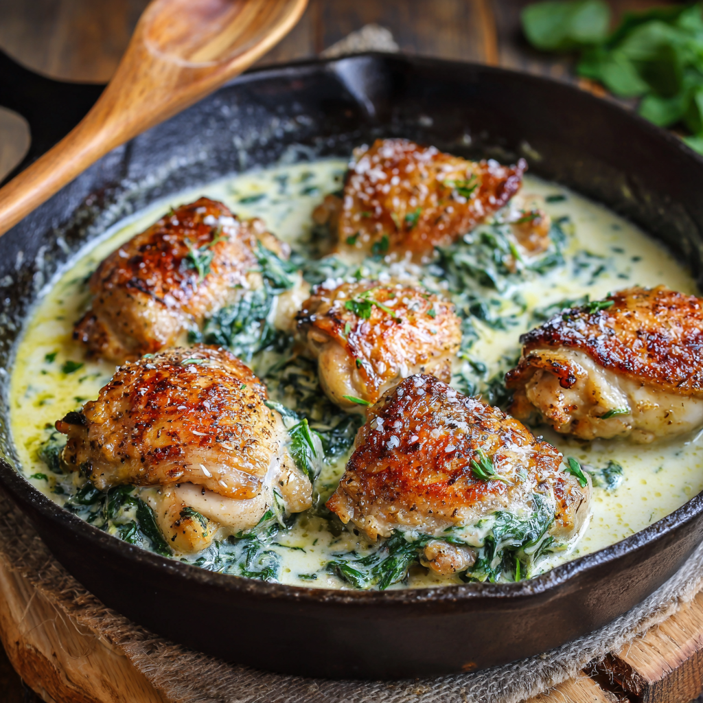 Creamy Parmesan Spinach Chicken Thighs : Light, Comforting & Flavor-Filled