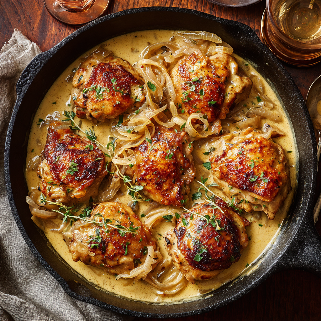 Creamy Dijon Chicken Thighs with Caramelized Onions : Cozy, Golden & Sauce-Lover Approved