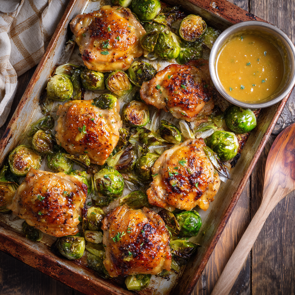 Maple Mustard Chicken Thighs with Roasted Brussels : Sweet, Tangy & Oven-Roasted