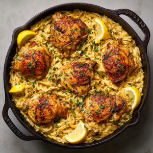 Lemon Garlic Chicken Thigh & Orzo Skillet : One-Pan, Bright & Cozy