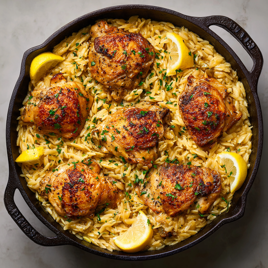 Lemon Garlic Chicken Thigh & Orzo Skillet : One-Pan, Bright & Cozy