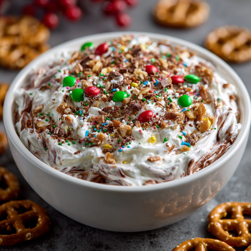 Christmas Chocolate Dessert Dip with M&Ms and Toffee Bits
