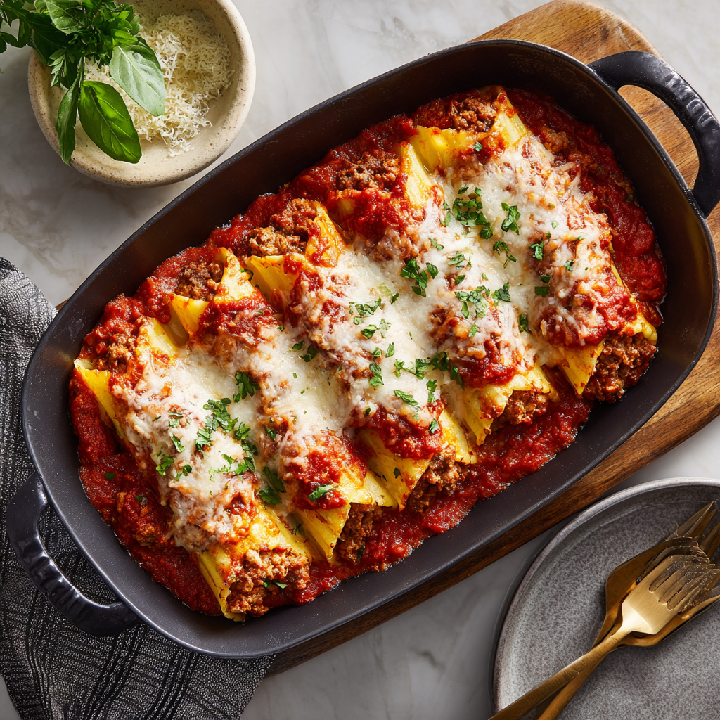 Baked Stuffed Manicotti with Beef & Ricotta : Cheesy, Saucy Italian Comfort