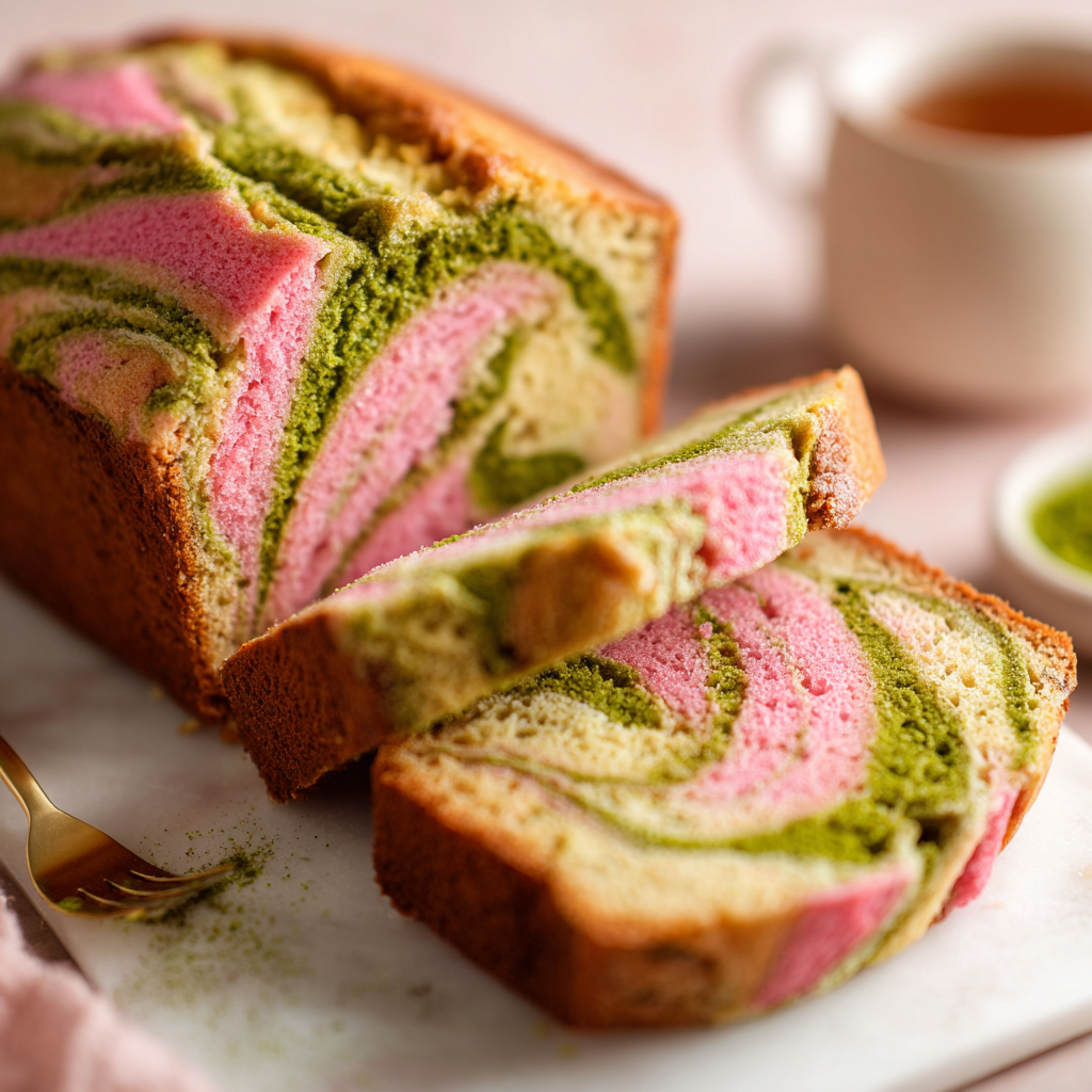 Strawberry Matcha Marble Pound Cake : Swirled, Striking & Tea-Party Ready