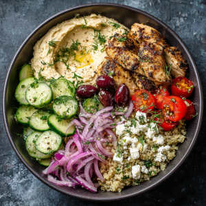 Mediterranean Chicken Bowls: Lemon-Oregano Chicken with Quinoa, Hummus & Cucumber Salad