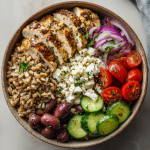 Greek Chicken Power Bowl : A Mediterranean Meal with Farro, Feta & Olives