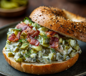 Pickle Bacon Chopped Bagel Sandwich : Creamy, Crunchy, and Full of Flavor