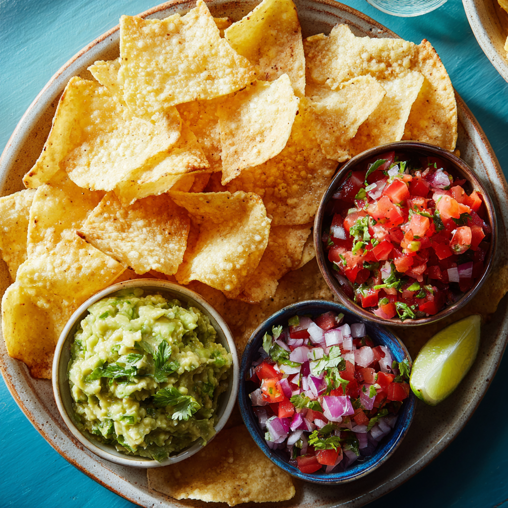 Chips with Salsa, Guacamole, or French Onion Dip : The Ultimate Snack Trio