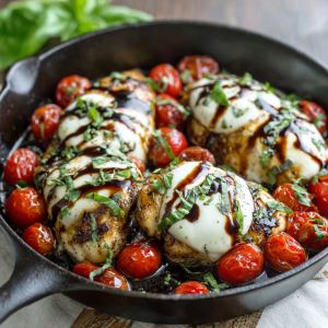 Caprese Chicken Skillet with Mozzarella, Basil & Balsamic Glaze