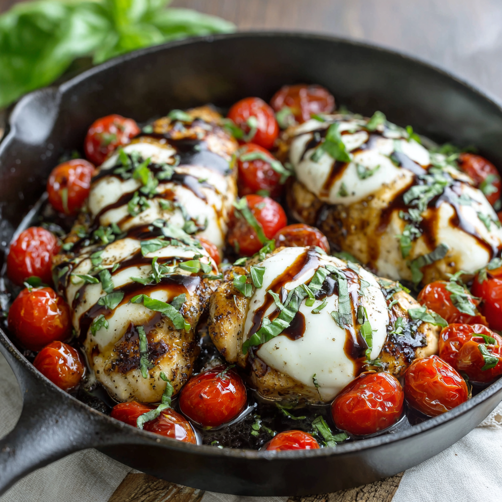 Caprese Chicken Skillet with Mozzarella, Basil & Balsamic Glaze