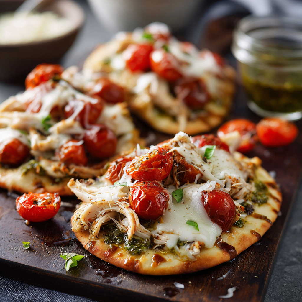Italian Chicken Flatbreads : Pesto, Mozzarella & Roasted Tomato Magic