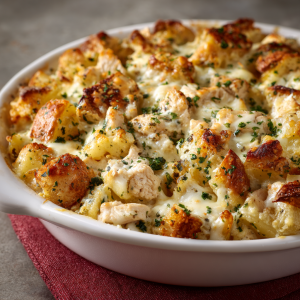 Chicken Alfredo Potato Bake – Creamy, Cheesy & Comforting One-Pan Meal